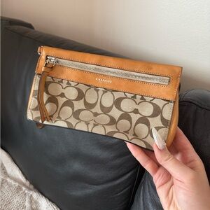 Coach Canvas Wristlet in Brown and Tan Leather Trim
